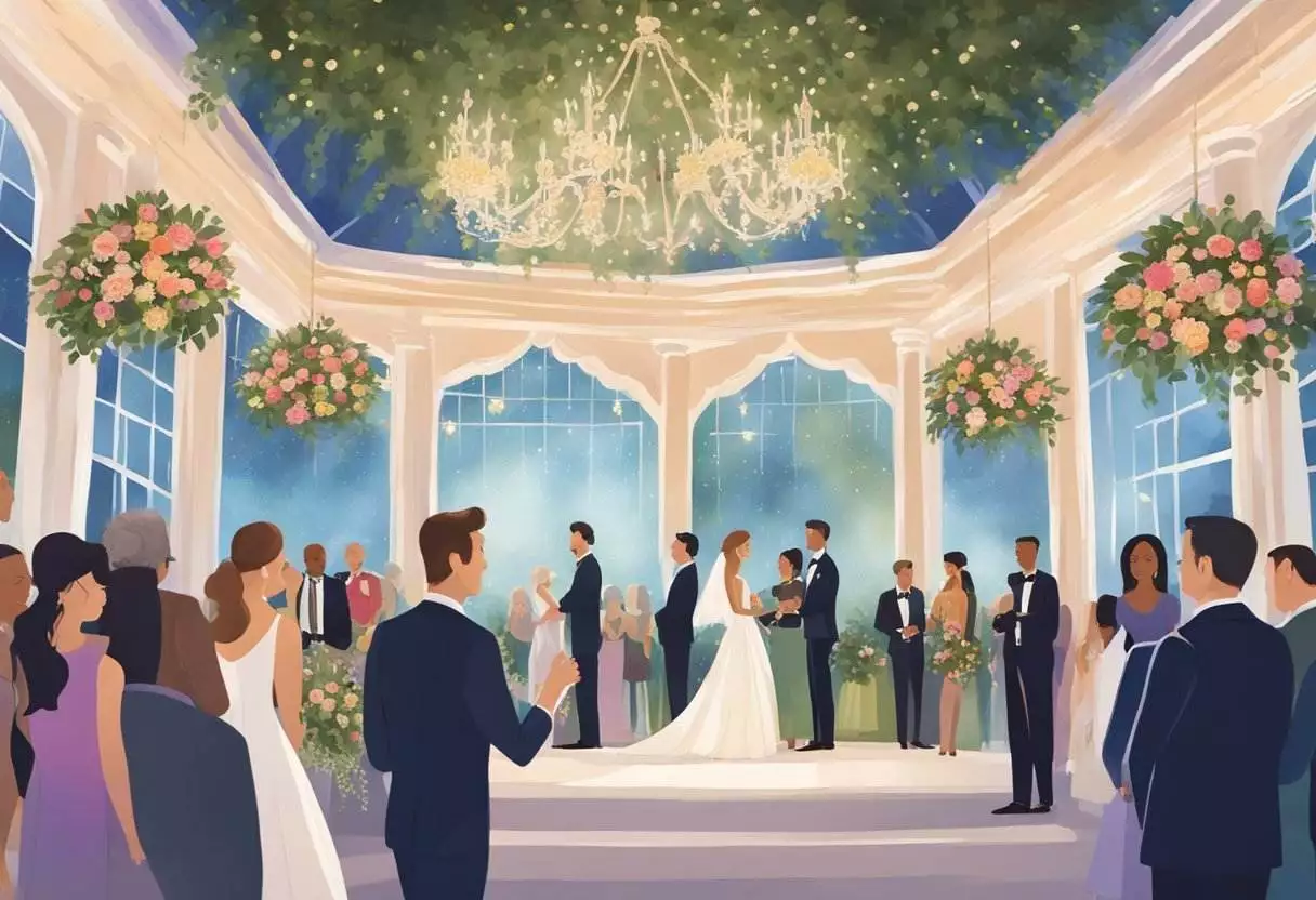 Guests mingle in the grand ballroom, admiring the opulent decor and elegant chandeliers. The outdoor garden is adorned with colorful flowers and a picturesque gazebo. A couple exchanges vows under a canopy of twinkling lights