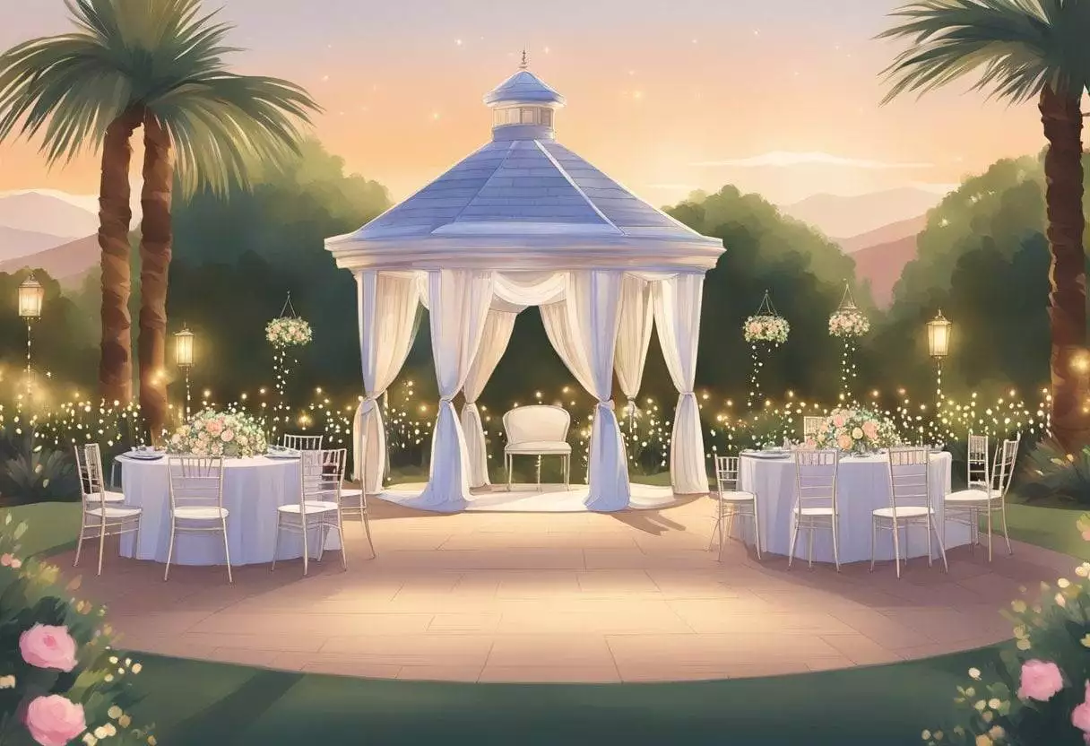 The LA Mirage Koratty Wedding Venue features a spacious outdoor garden with elegant seating, a stunning gazebo, and twinkling string lights for a romantic ambiance