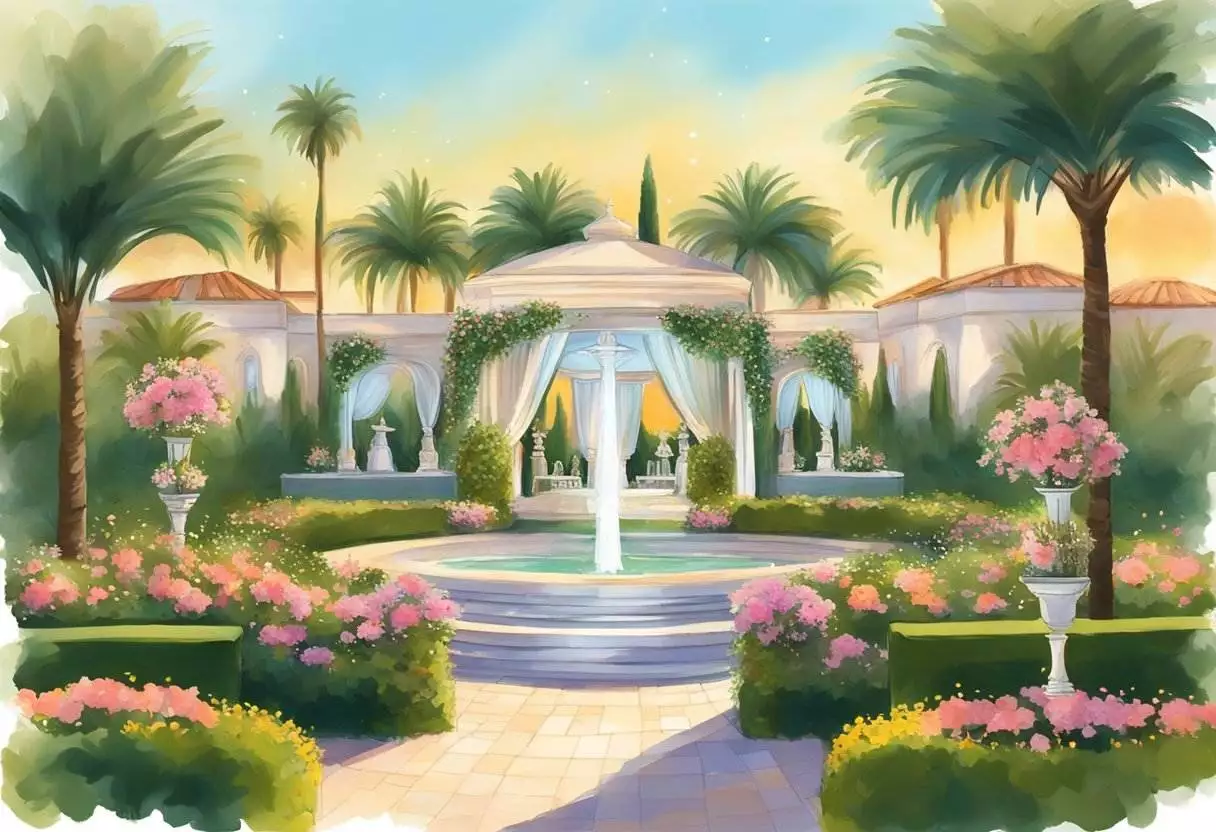 The sun sets behind the elegant LA Mirage Koratty Wedding Venue, casting a warm glow on the lush green gardens and sparkling fountain. A gentle breeze rustles the vibrant flowers and delicate drapery, creating a serene and romantic atmosphere